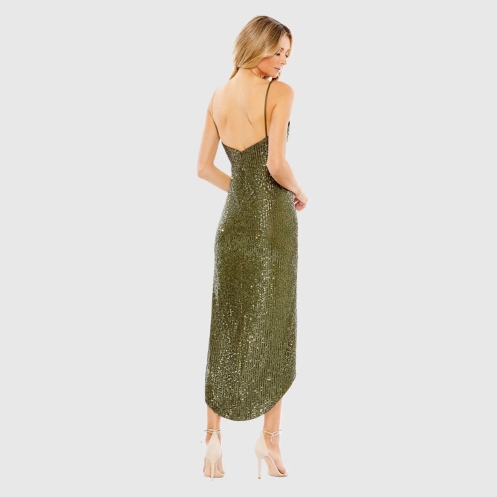 IEENA FOR MAC DUGGAL
Green Sequined Faux Wrap Asymmetrical Hem Dress - Picture 3 of 8